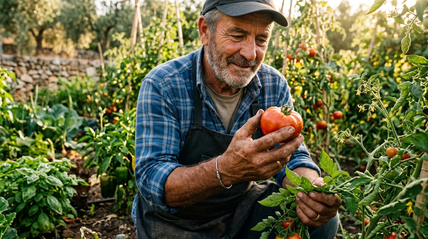 Jardinero examinando verduras frescas en un huerto orgánico en España